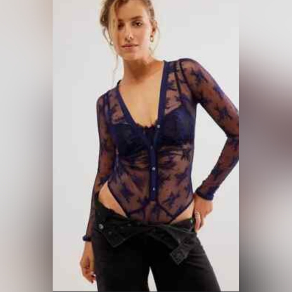 Free People Navy Sheer Lace Bodysuit